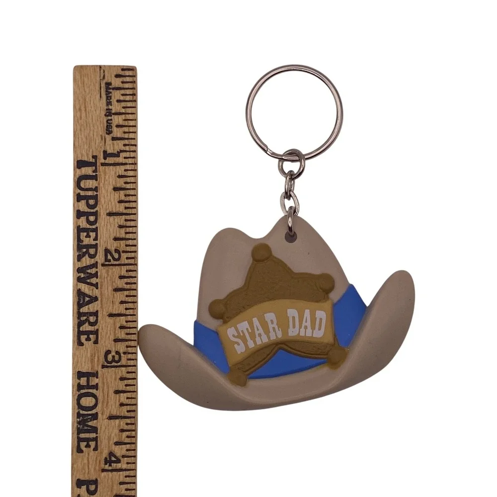 Star Dad Cowboy Hat Keychain‎ Tan Blue Sheriff Star Western Novelty Key Ring